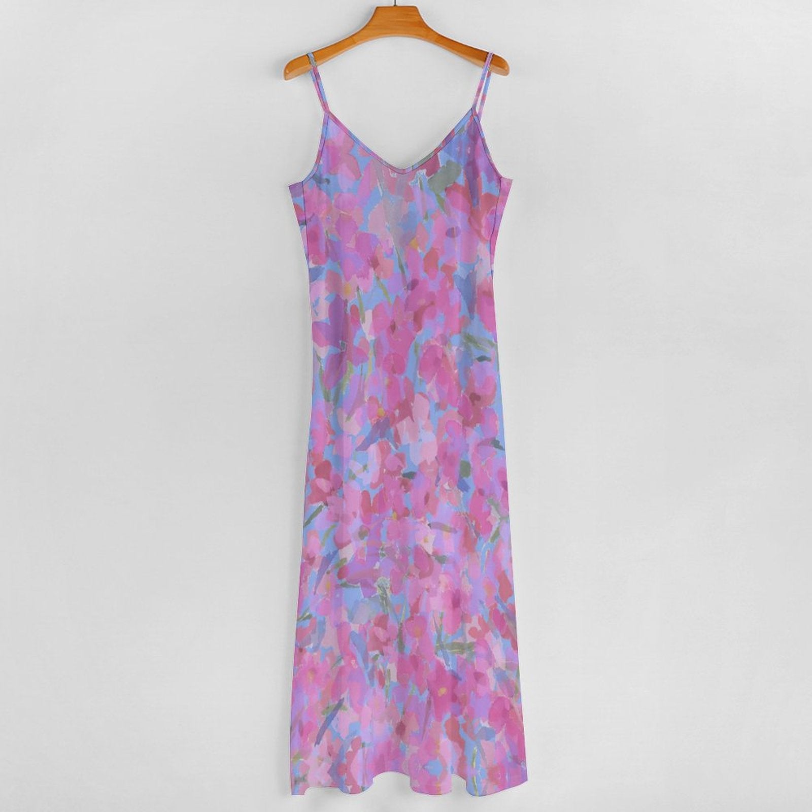 Summer Bohemian Floral Print Spaghetti Strap Maxi Dress V-Neck Casual Flowy Ankle-Length Beach Dress