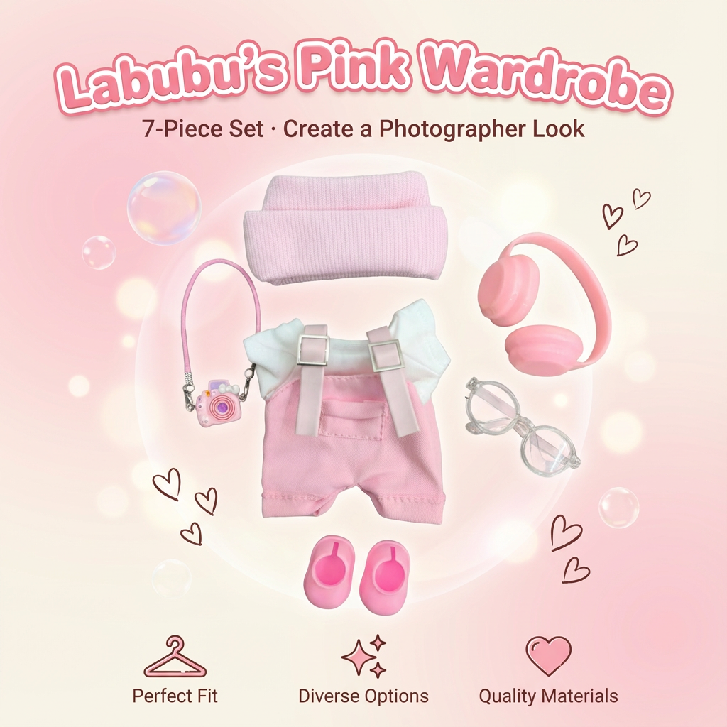 Pink Chic for Your Labubu! The Ultimate 7-in-1 Overalls & Accessories Fashion Set (NO Doll)