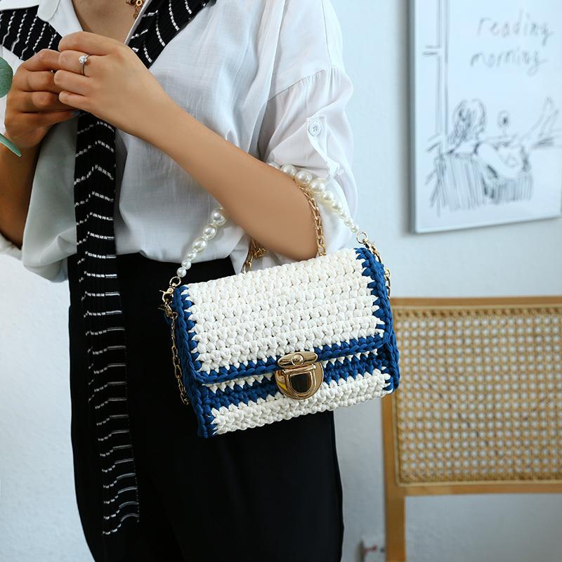 Cute White&Blue Crochet Small Handbag Crossbody Purse Crochet Shoulder Bag for Girl Cute Crochet Purses