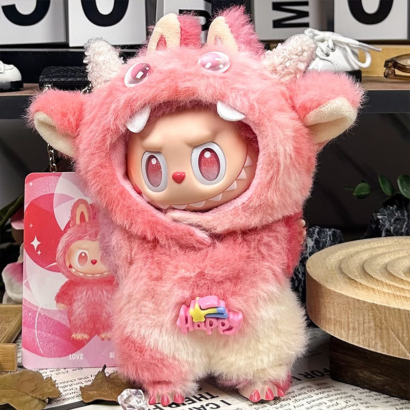 Red Horned Monster Outfit for 17CM Labubu Doll, Devil Costume Set with Headgear and Clothes, 17CM Doll Accessories